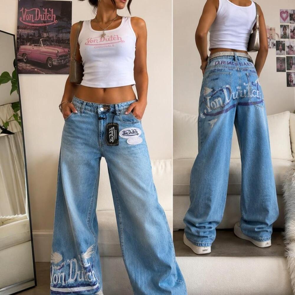 NWT Von Dutch Wide Leg Jeans | Y2K Baggy Denim | Graphic Logo | Size 9/29